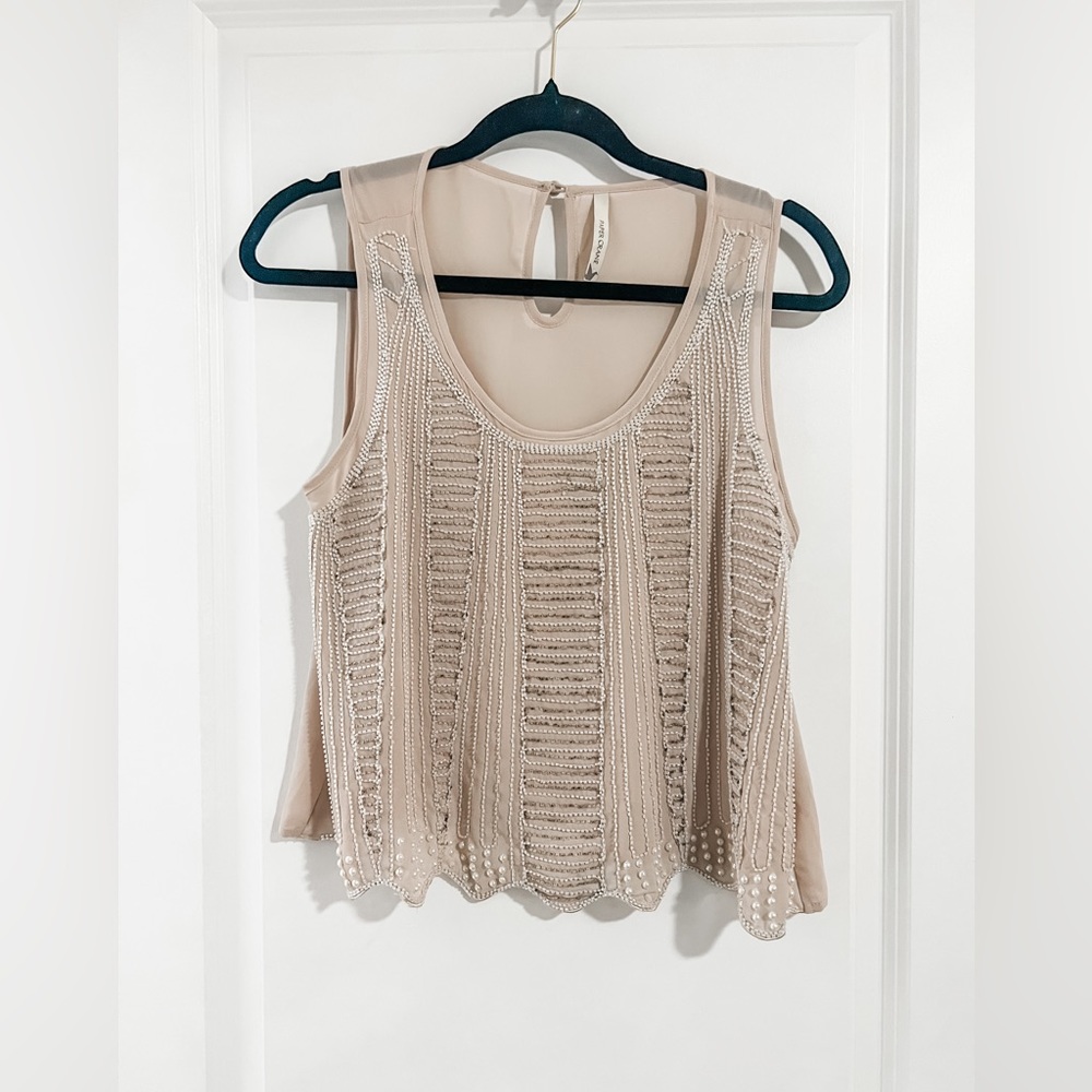 Paper Crane Embellished Beaded Sheer Tank Top